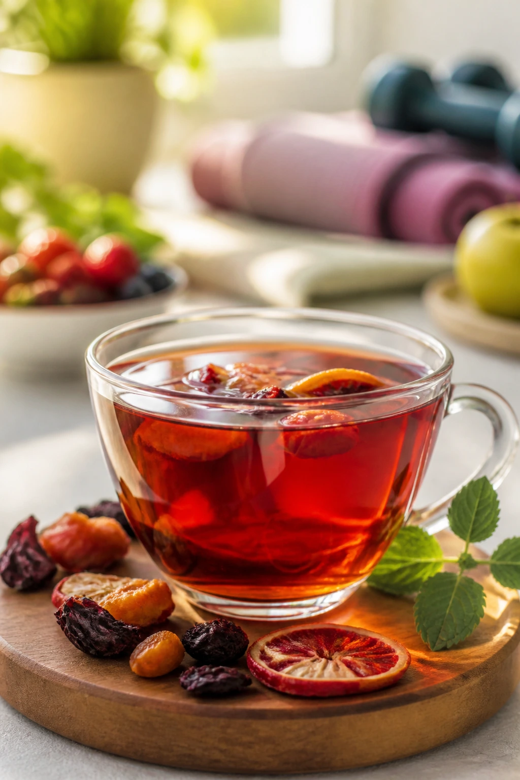 Cup of fruit tea on a kitchen counter with healthy lifestyle blur