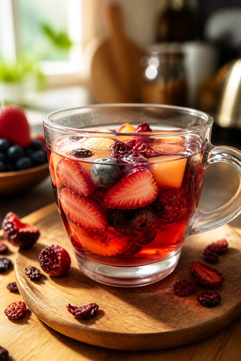 Close-up of a glass cup of fruit tea with colorful fruit pieces in a warm kitchen