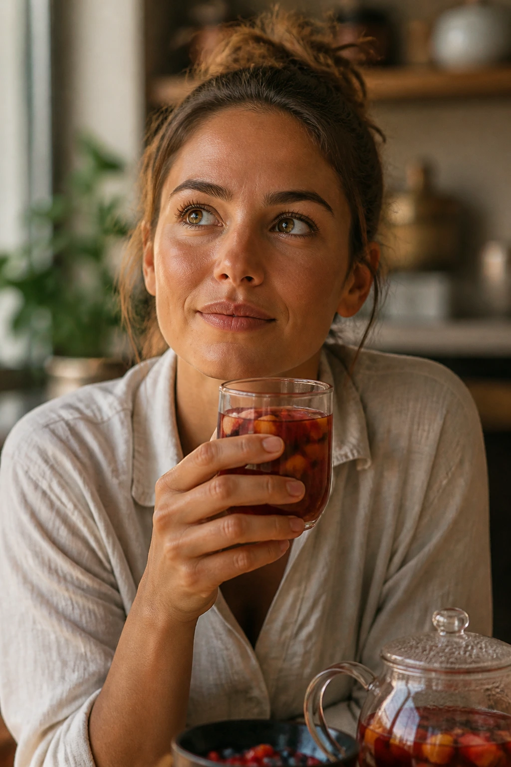 Close-up portrait of a real person with a glass of fruit tea in a warm kitchen, illustrating FAQs about hydration and weight loss