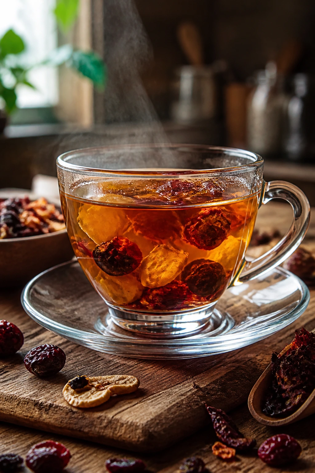Are Fruit Teas Good For You? Are They Really Healthy? 1 Close-up amber fruit tea in a glass cup with visible fruit pieces in a cozy kitchen