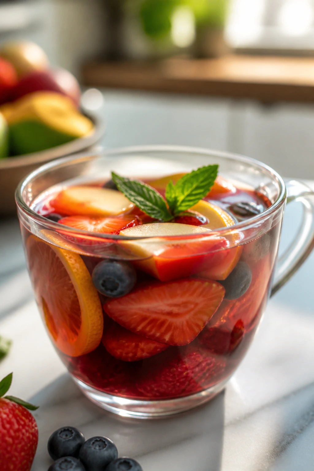 Caffeine Concerns: Does Fruit Tea Have Caffeine? 7 Close-up of clear glass cup of fruit tea with colorful fruit slices