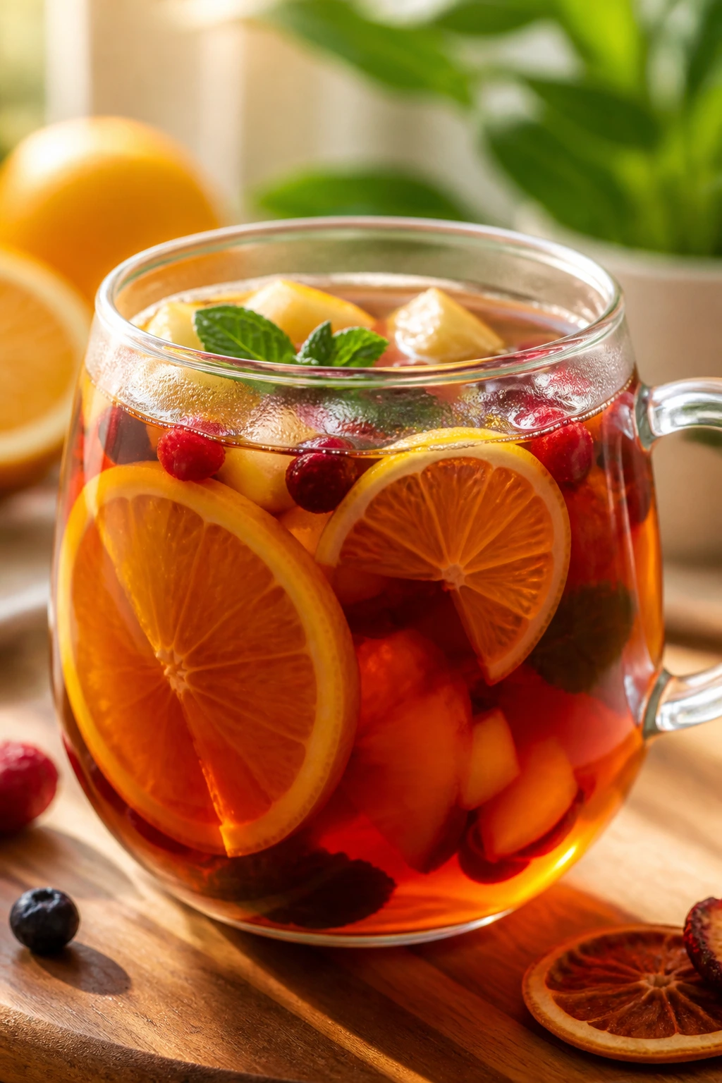 Close-up of a glass cup with rich-colored fruit tea on a wooden surface with morning light.