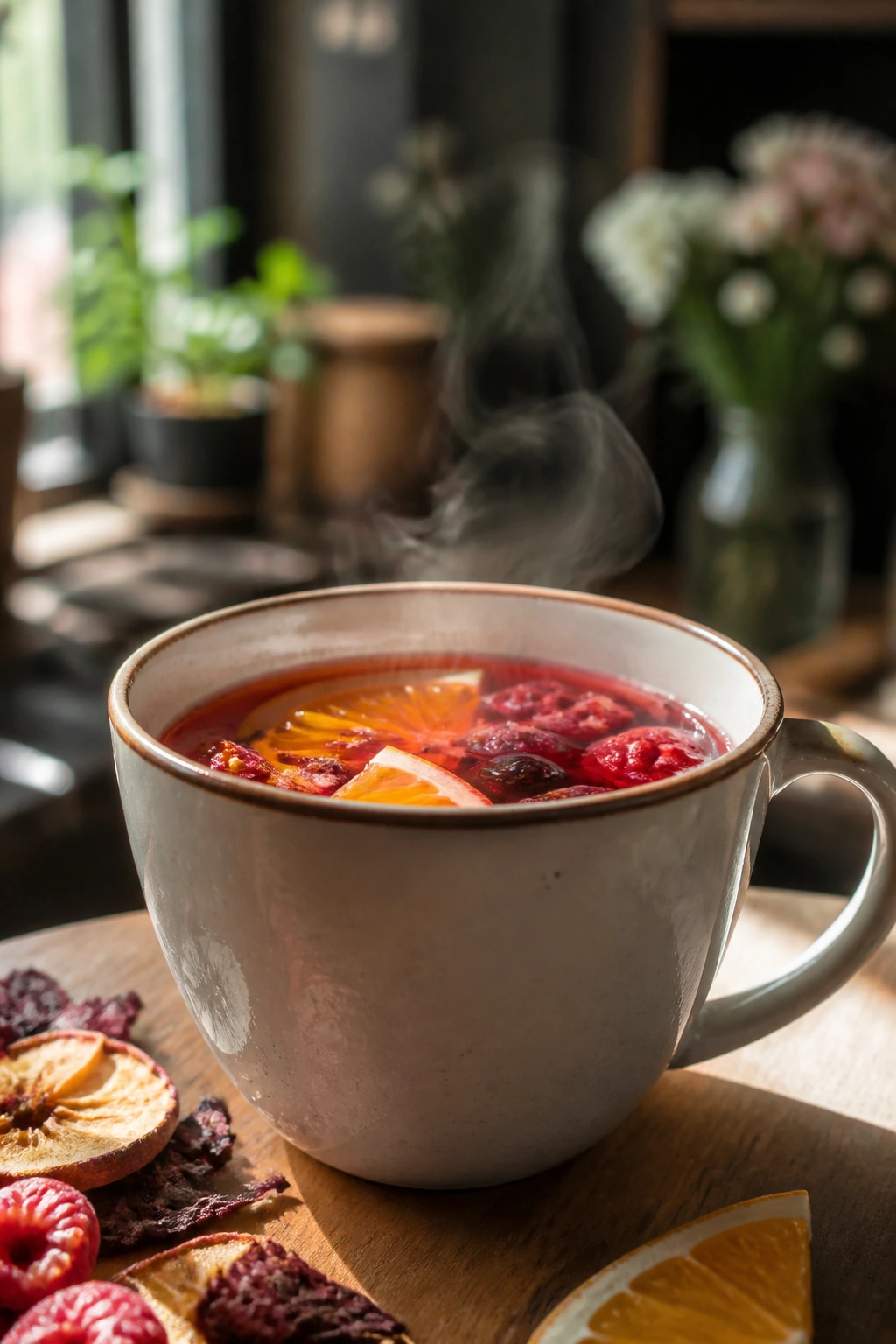 Medium close-up of a steaming fruit tea in a ceramic mug on a cozy cafe table.