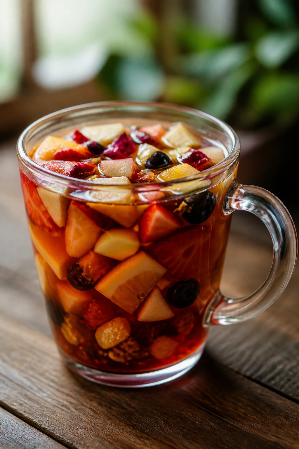 Glass mug of fruit tea on a wooden table with visible fruit pieces.