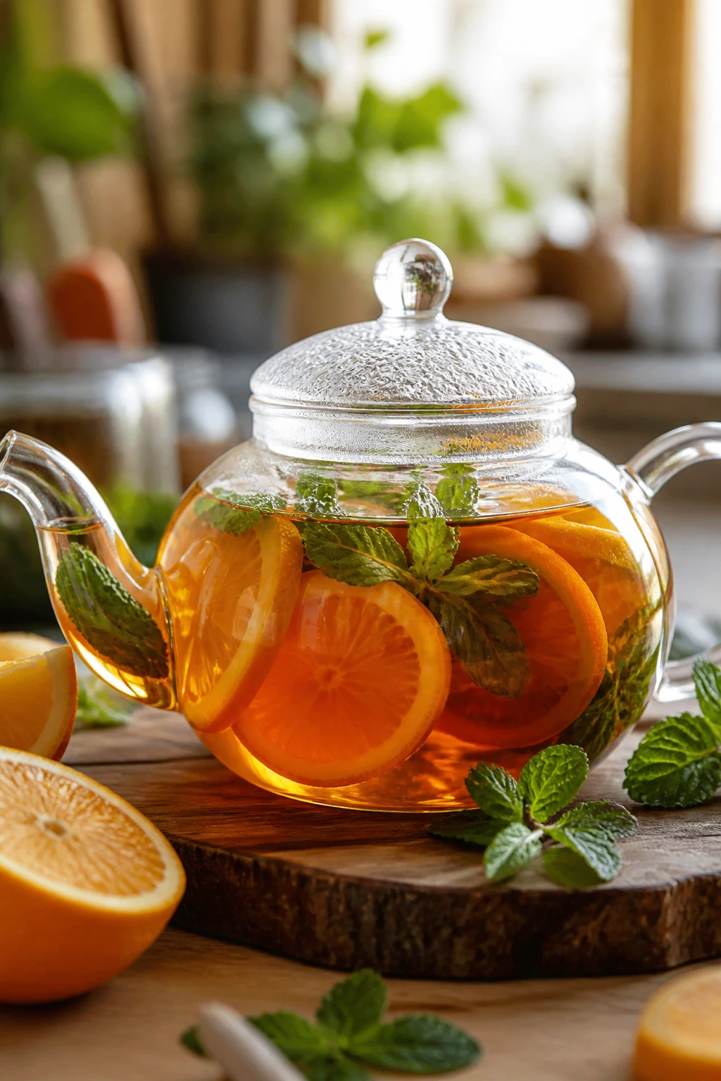 Close-up of a fruit tea teapot with citrus slices