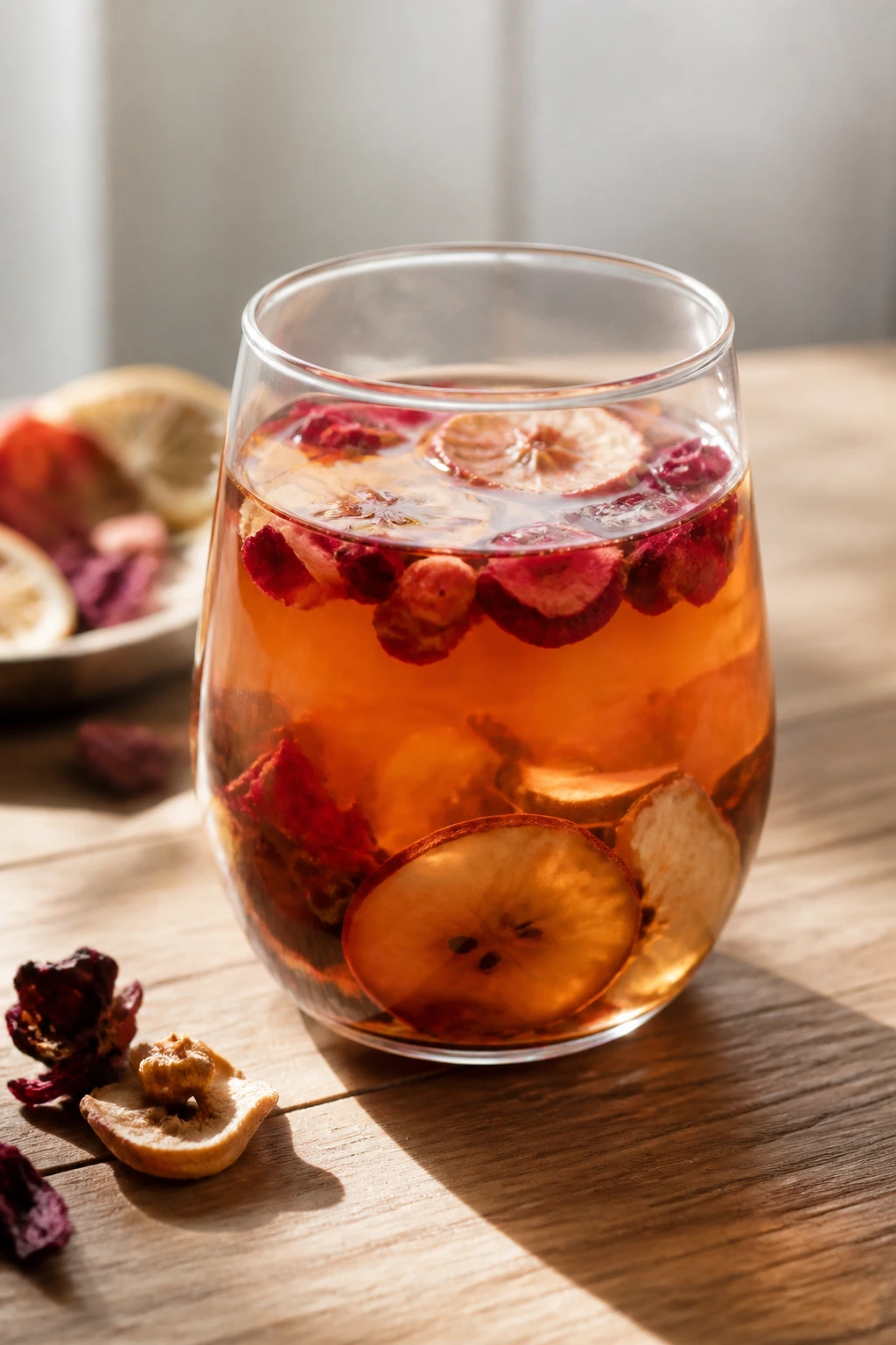 Glass of fruit tea on a wooden table with soft light