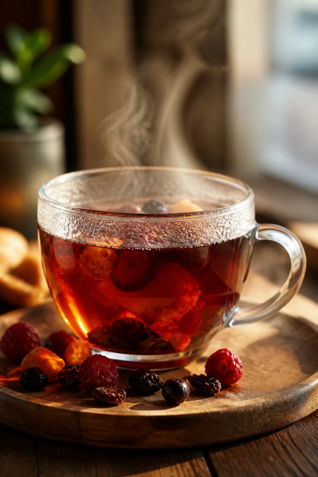 Caffeine Concerns: Does Fruit Tea Have Caffeine? 15 Close-up of a steaming cup of fruit tea in a cozy setting as a conclusion