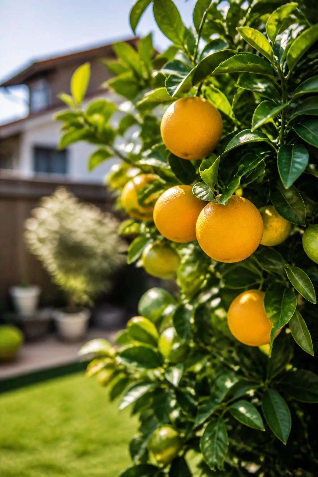 Backyard fruit tree in a sunny garden with ripe fruit on branches