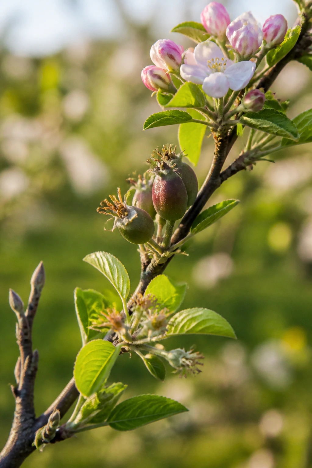 When Is A Good Time To Prune Fruit Trees? 1 Close-up of a fruit tree branch with buds and blossoms in a sunlit orchard