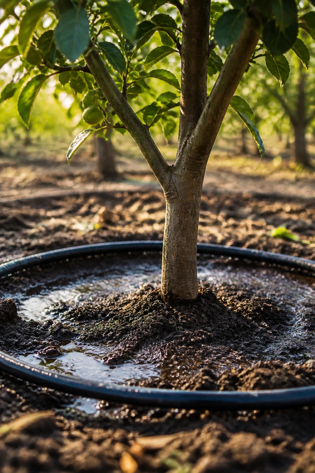 How To Water Fruit Trees Properly - The Right Way 3 Base of fruit tree showing drip irrigation tube and moist soil