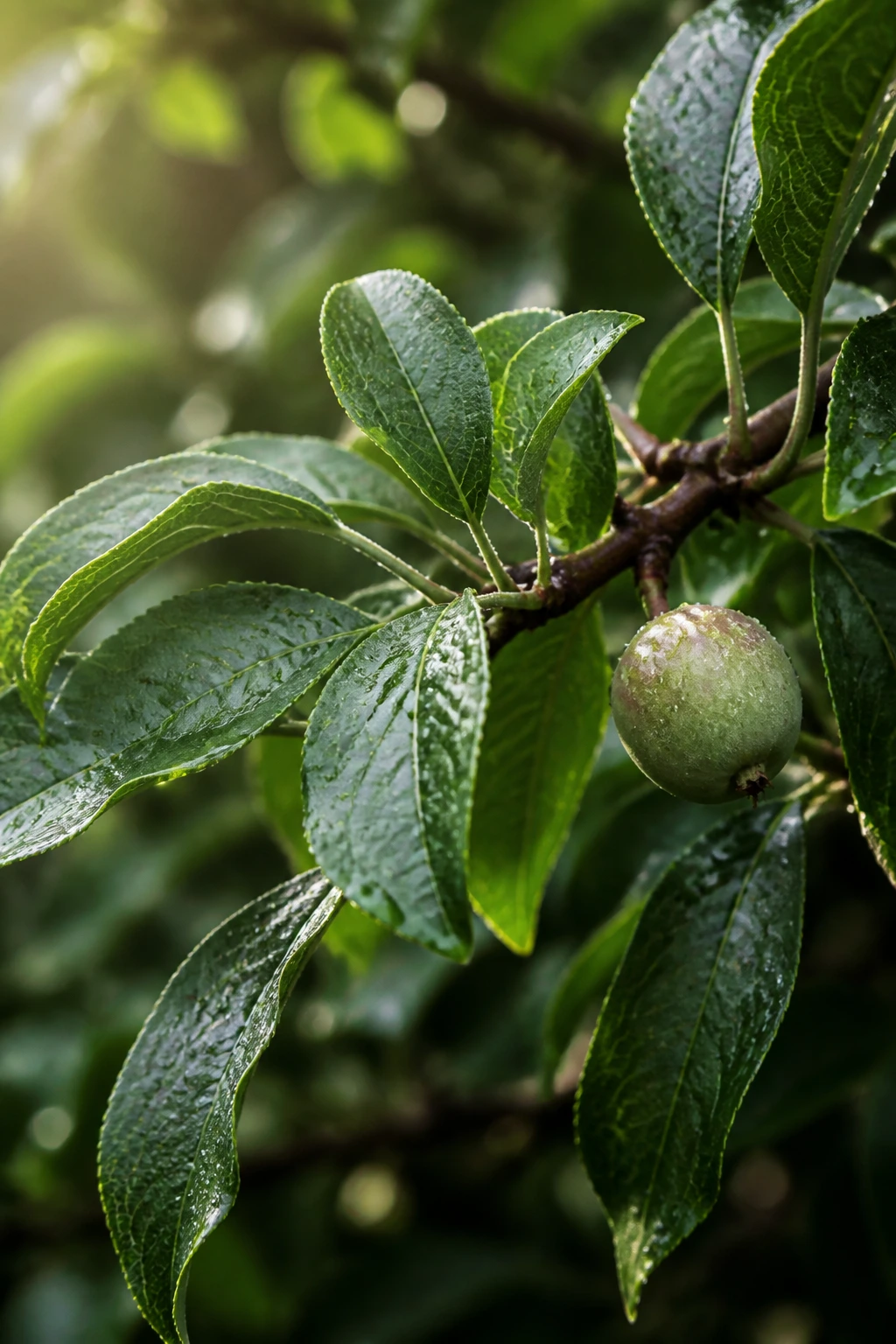 How To Water Fruit Trees Properly - The Right Way 2 Close-up of a fruit tree branch with water droplets on leaves