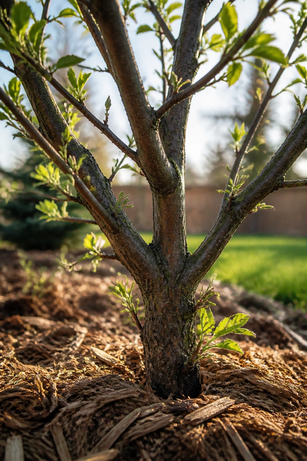 The Best Fruit Trees for Zone 3 7 Close-up of a fruit tree trunk in a sunny Zone 3 garden with mulch around the base