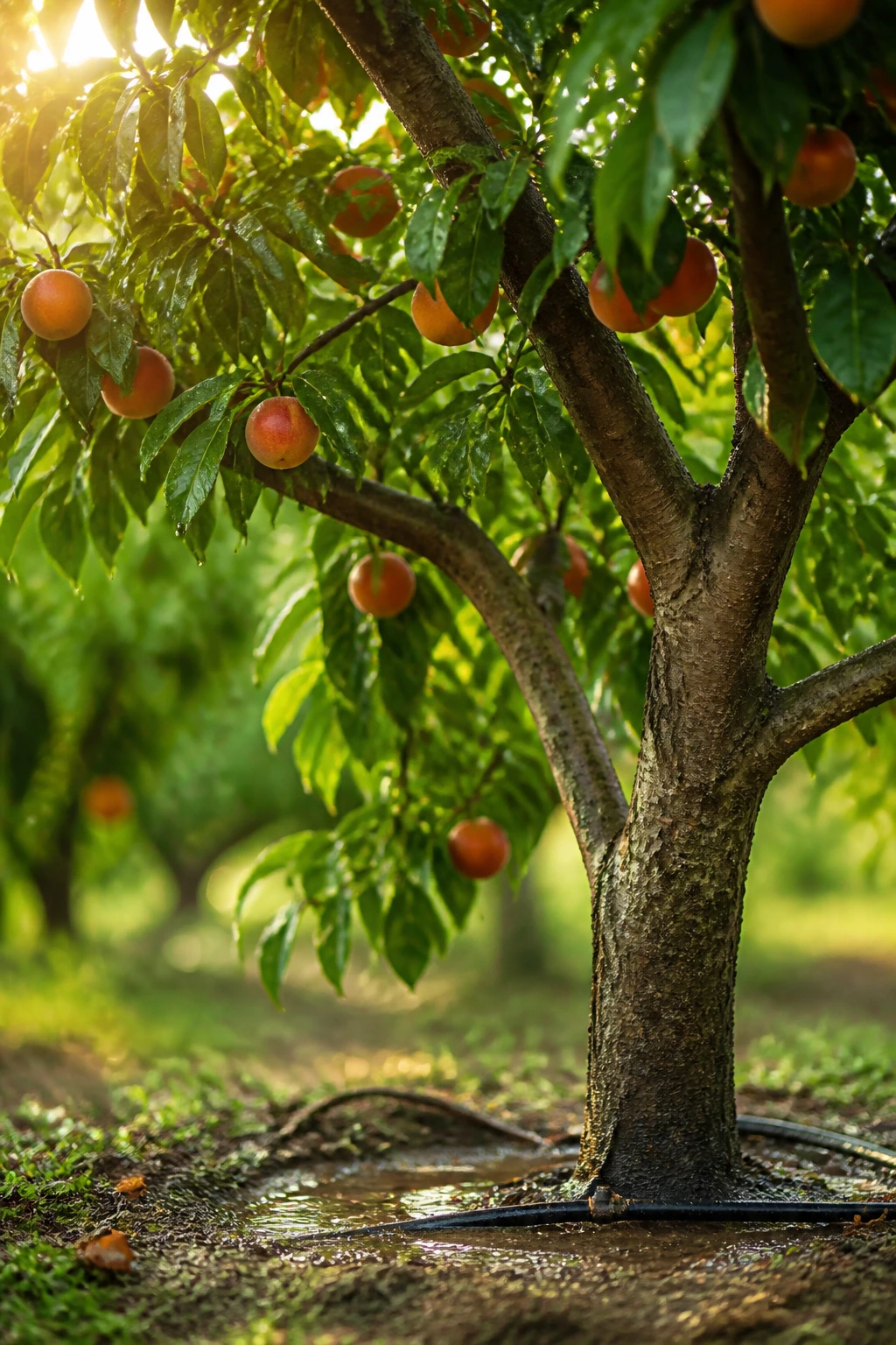 How To Water Fruit Trees Properly - The Right Way 1 Close-up of a healthy fruit tree in an orchard with trunk and canopy in focus