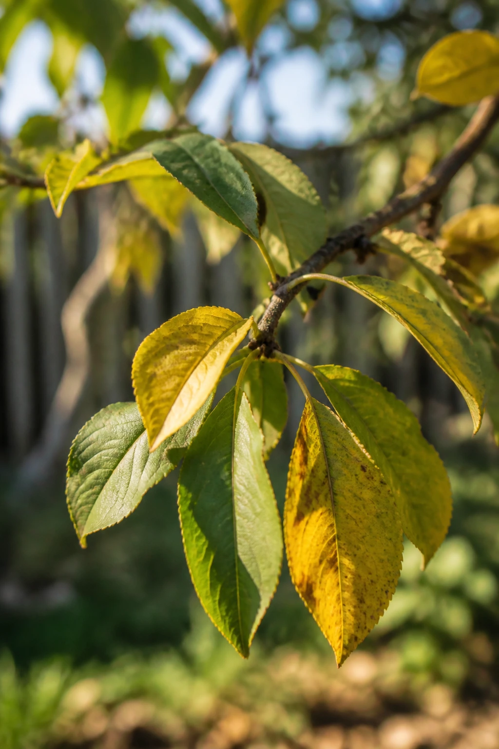 Is 16-16-16 Fertilizer Good For Fruit Trees? 13 Close-up of a fruit tree branch with yellowing leaves in a backyard garden