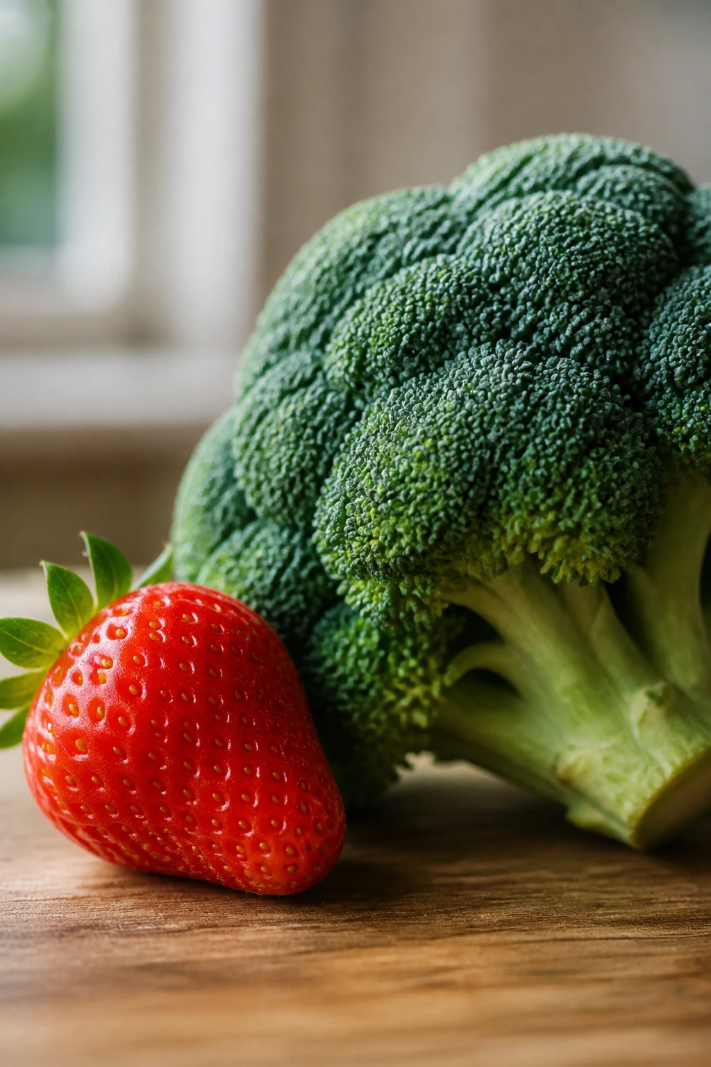 Strawberry and broccoli side by side illustrating difference between fruit and vegetable