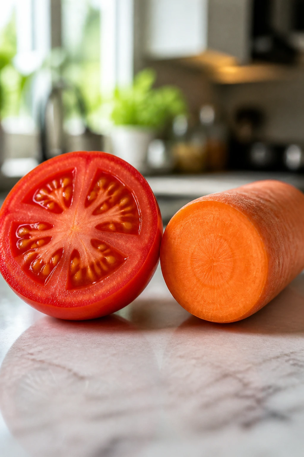 Tomato and carrot side by side on a kitchen counter