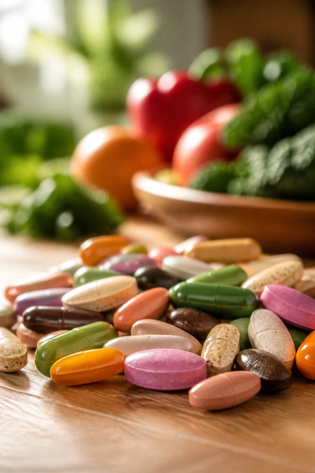 Close-up of colorful fruit and vegetable pills on a wooden surface, filling the frame