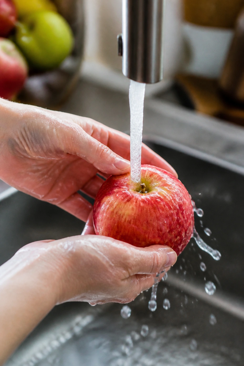 Apple being washed under faucet in a kitchen for flight prep.