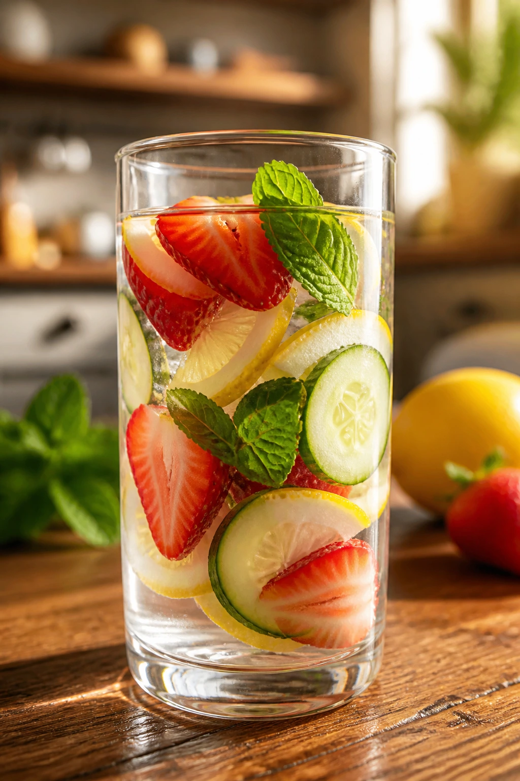 Glass of fruit-infused water on wooden table with warm kitchen background