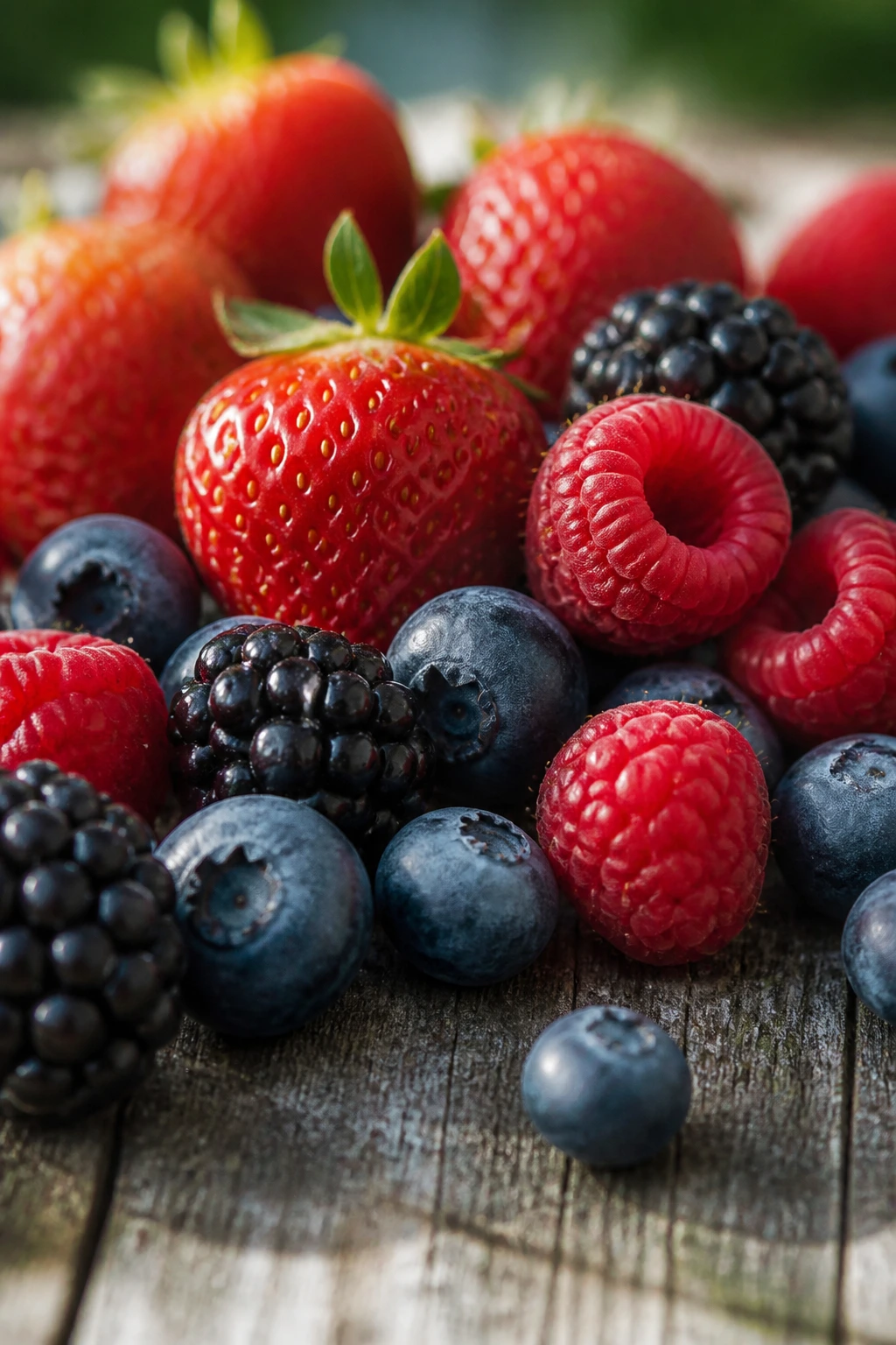 Close-up of antioxidant-rich berries filling the frame on wood