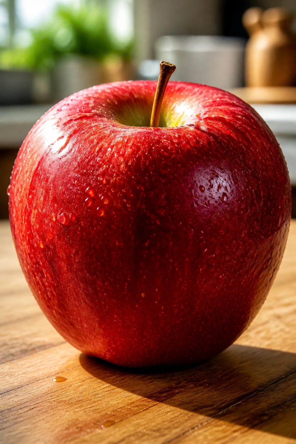 Close-up of a red apple filling the frame in a sunlit kitchen
