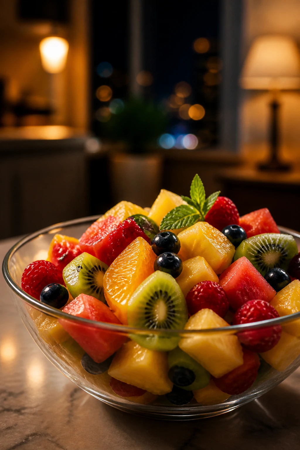 Is Eating Fruits At Night Good For Weight Loss? Find Out Now 9 Colorful cut fruit in a glass bowl on a kitchen counter