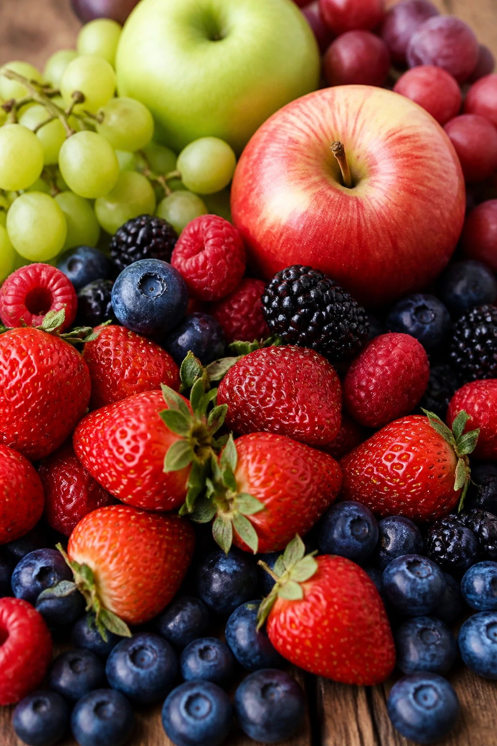 Close-up of mixed cancer-fighting fruits including berries and apples