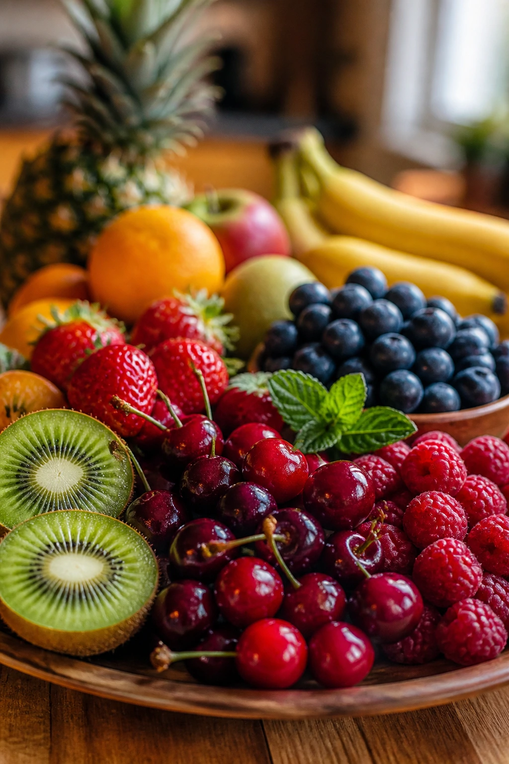 10 Amazing Health Benefits of Eating Fruits Before Bed 1 Close-up of fresh mixed fruits on a wooden surface for bedtime snacking