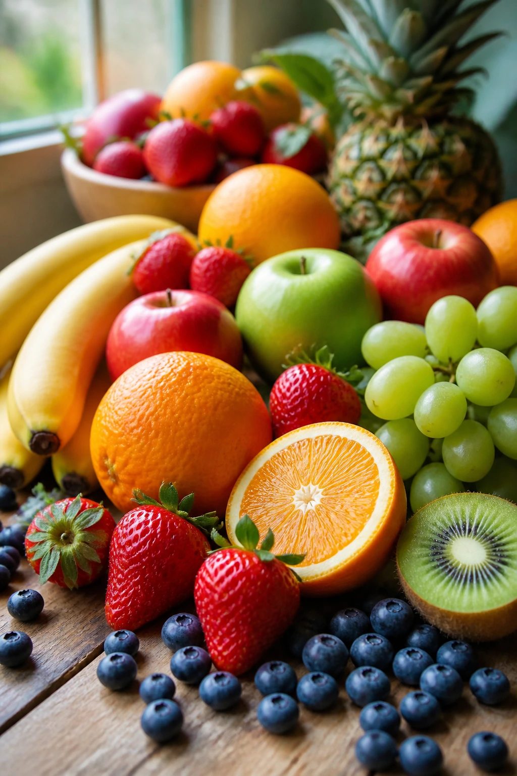 Close-up of a colorful assortment of fresh fruits on a wooden counter