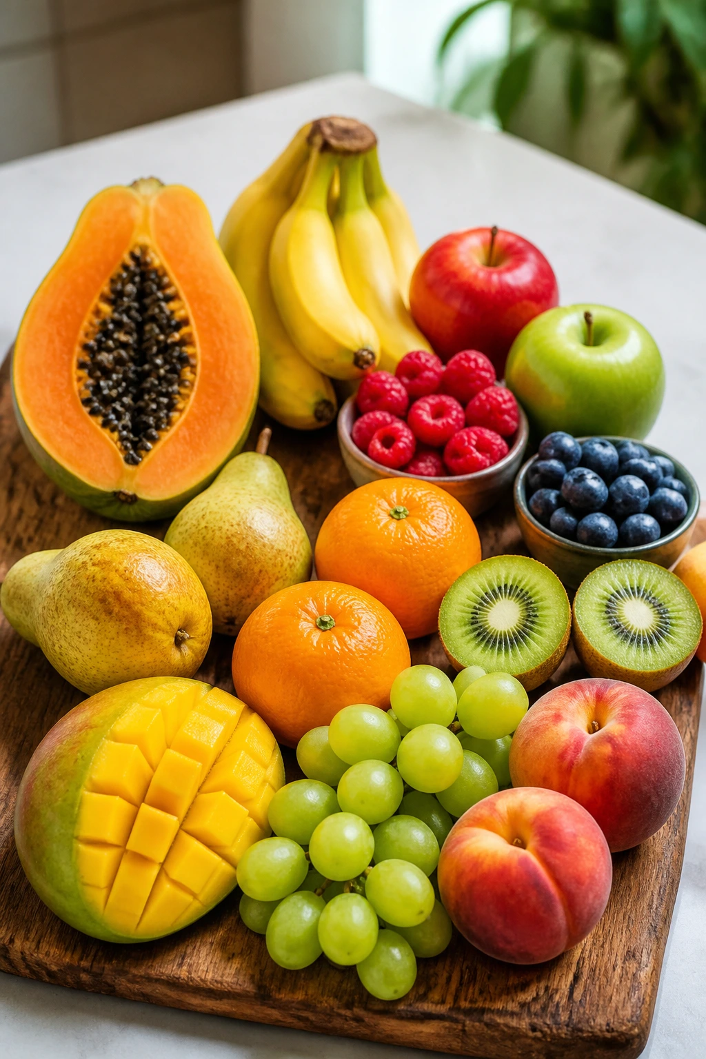 Top-down wooden board with ten colorful fruits arranged for healthful eating