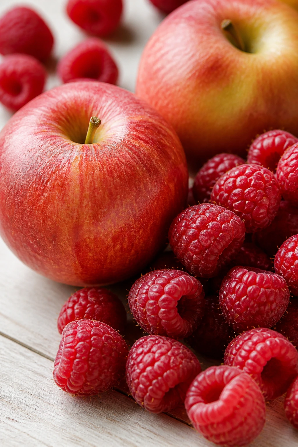 Macro shot of fiber-rich raspberries and apples filling the frame