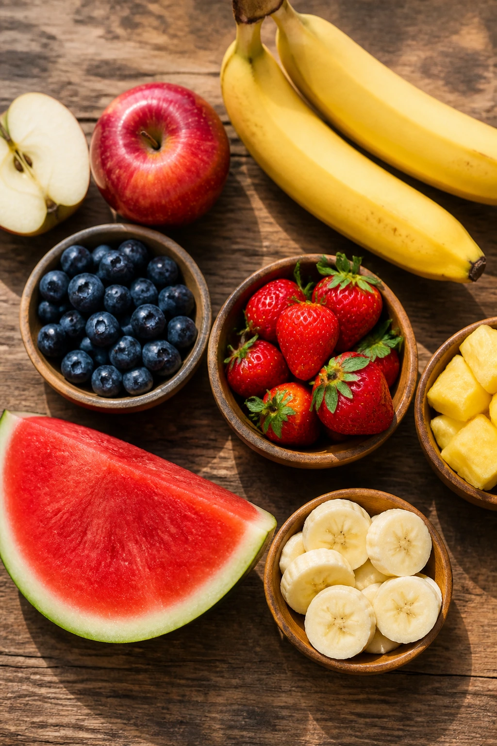 Can Dogs Eat Dried Mangoes? All You Need To Know 5 Assorted dog-safe fruits arranged on wooden surface