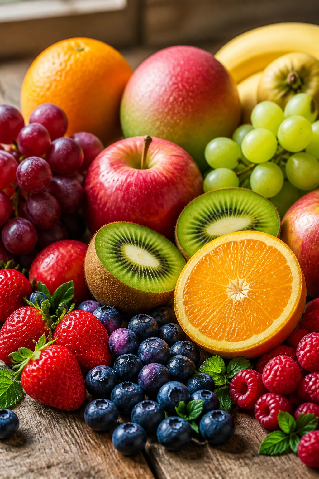 Close-up of a colorful mix of fresh fruits on a wooden surface.