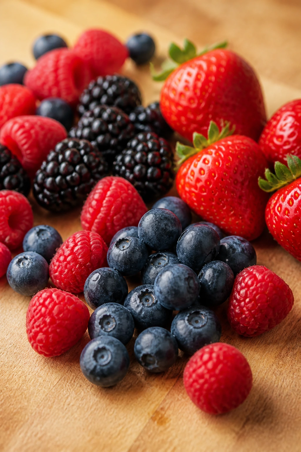 Close-up of low GI fruits (berries) filling the frame on a cutting board