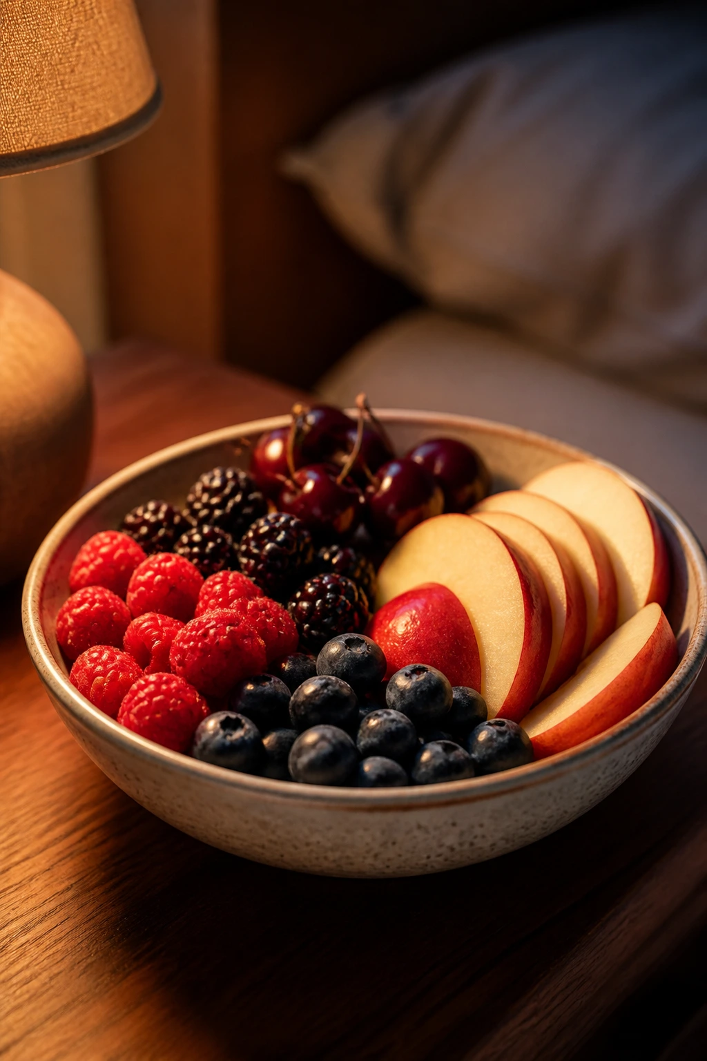 Is Eating Fruits At Night Good For Weight Loss? Find Out Now 7 Close-up of a bowl of mixed berries and apple slices on a nightstand