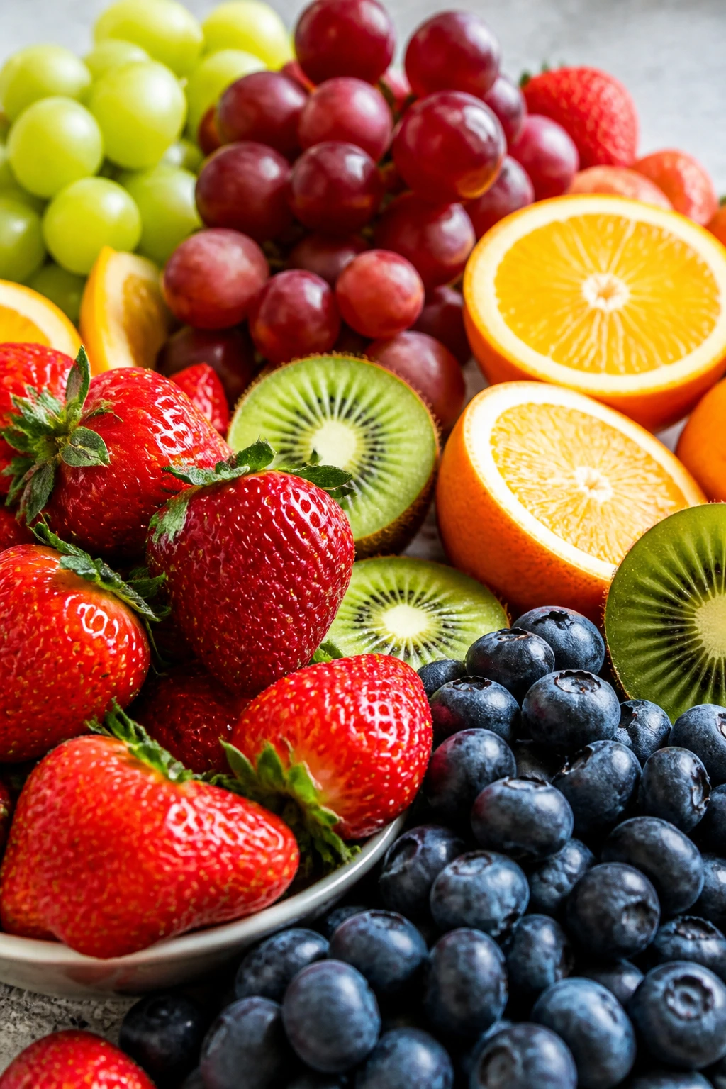 Close-up of colorful assorted fruits highlighting vitamins and fiber