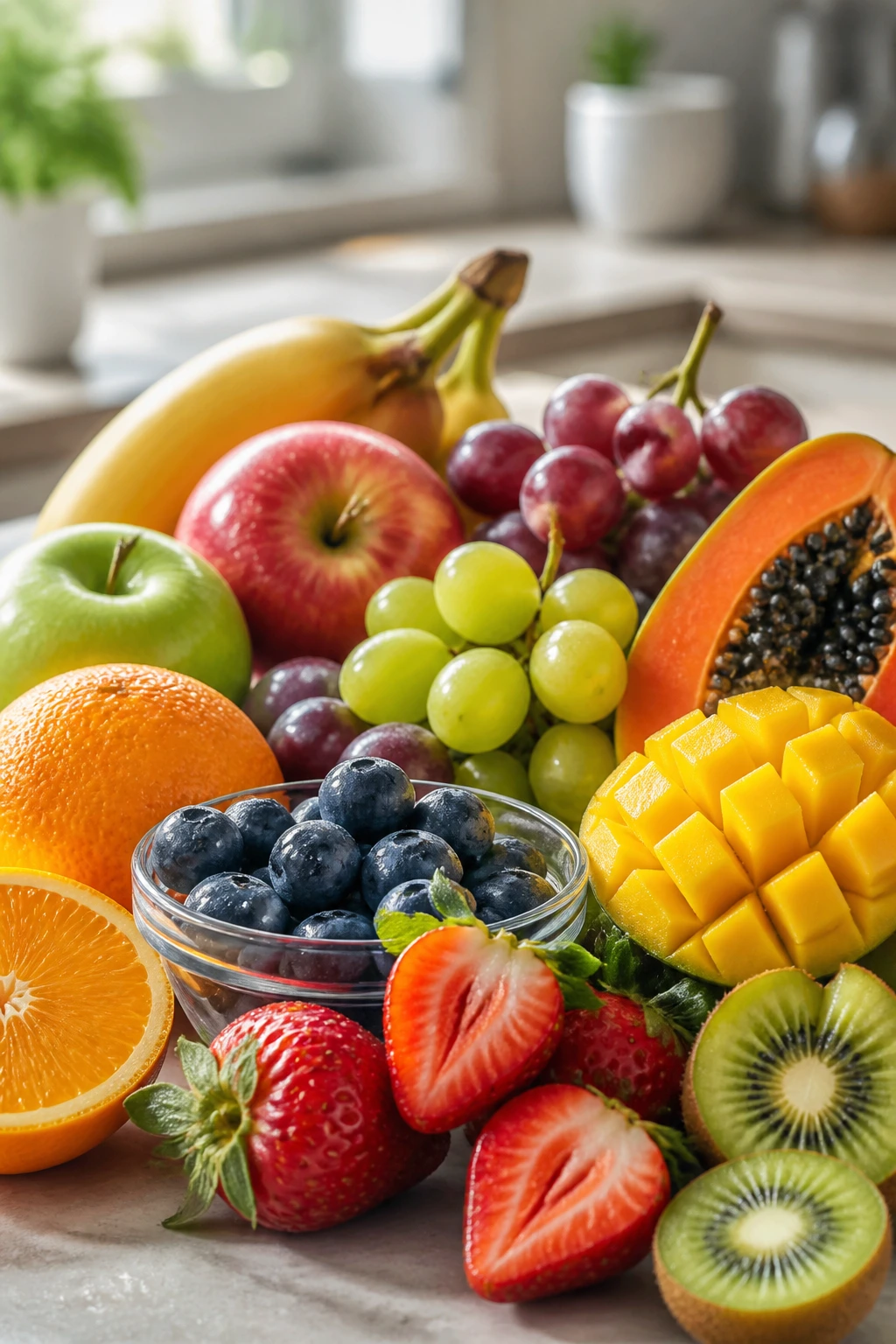 Assortment of fresh fruits filling the frame on a kitchen counter