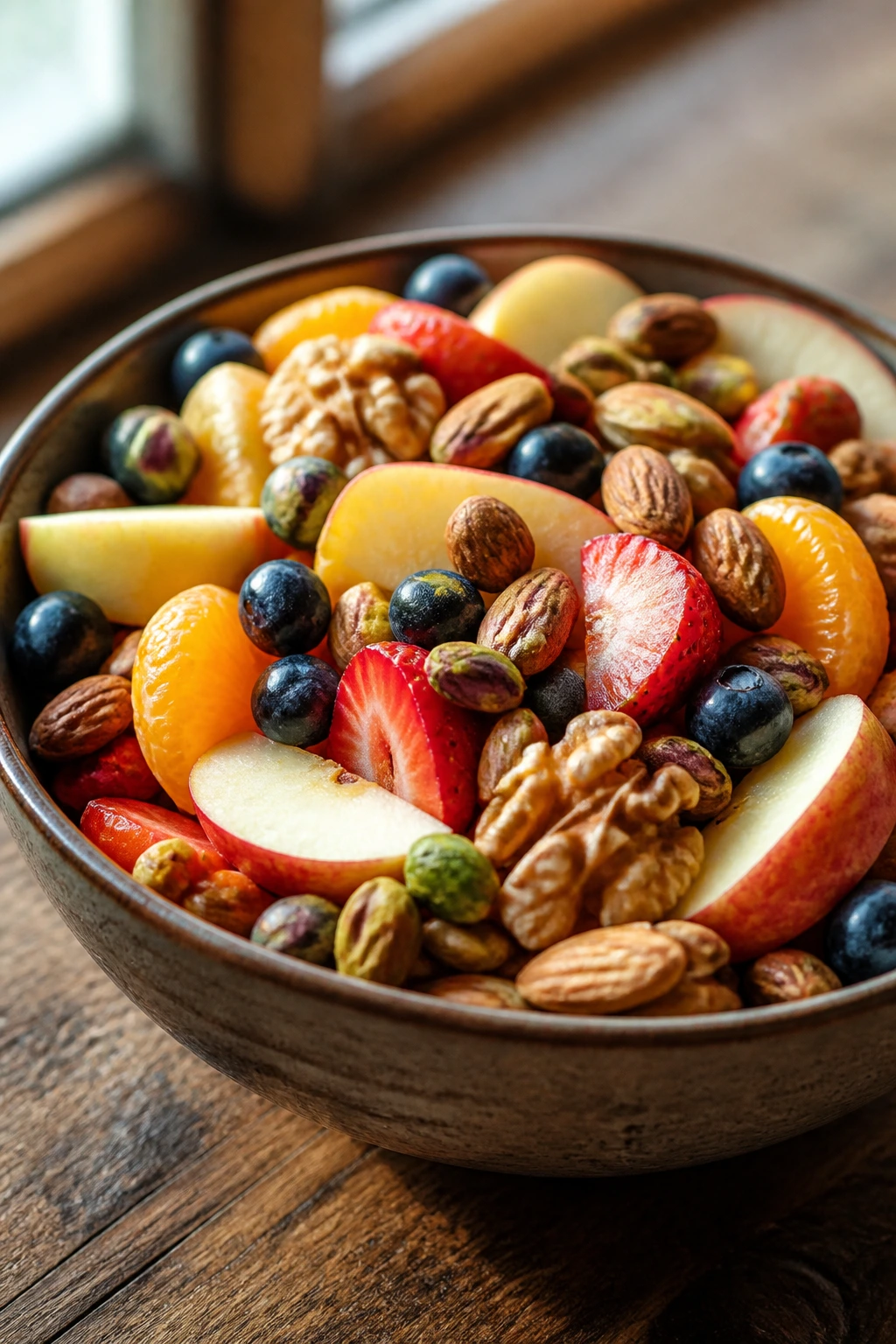 10 Healthy Benefits Of Eating Fruit And Nuts Together 1 Close-up of colorful fruits and nuts in a bowl on a wooden table, healthy snack