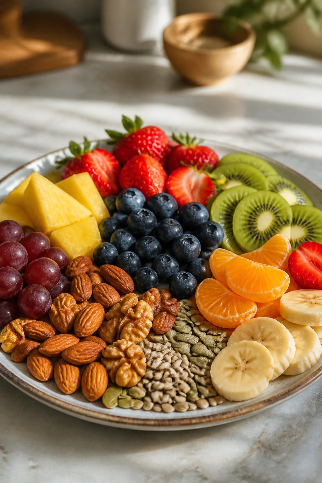 Can You Survive Off Just Fruit? Let's Find Out! 4 Plate of fruits, nuts, and seeds illustrating balanced diet conclusion