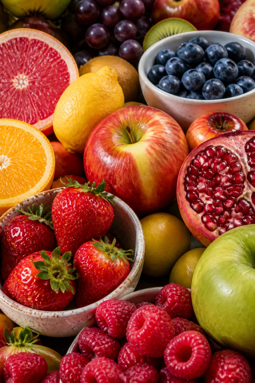 Close-up of a rainbow mix of berries, citrus, and apples filling the frame.