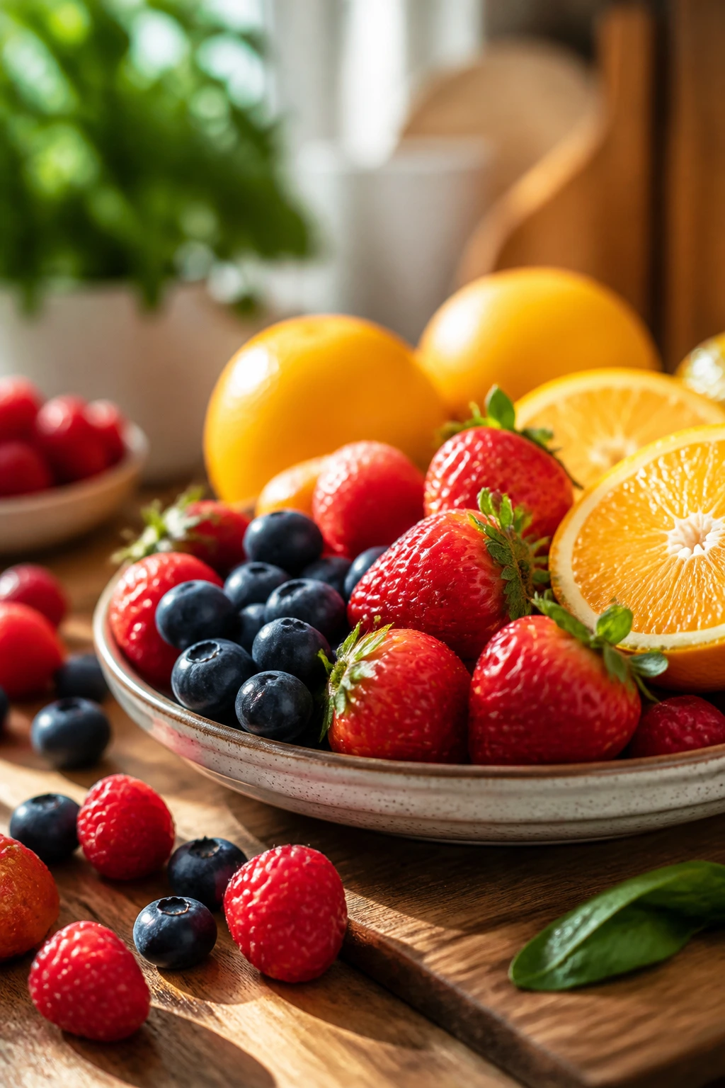 10 Best Fruits For Hyperpigmentation - Get Flawless Skin 2 Close-up of colorful berries and citrus on a wooden counter under sunlight