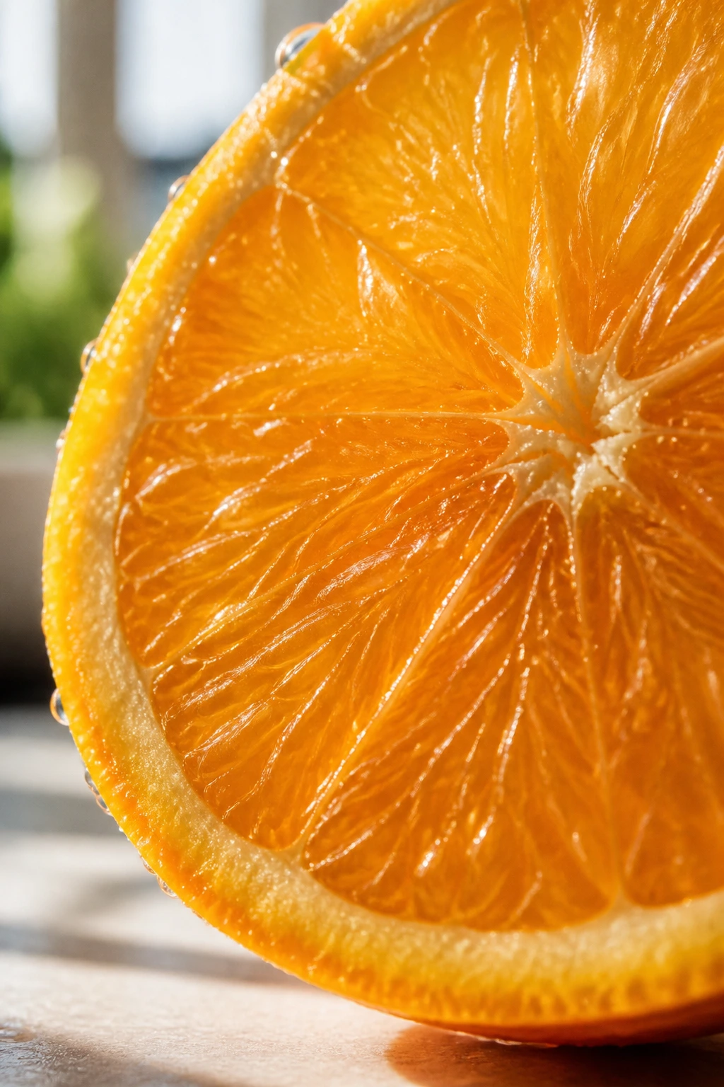 Macro close-up of an orange slice with dewy skin texture
