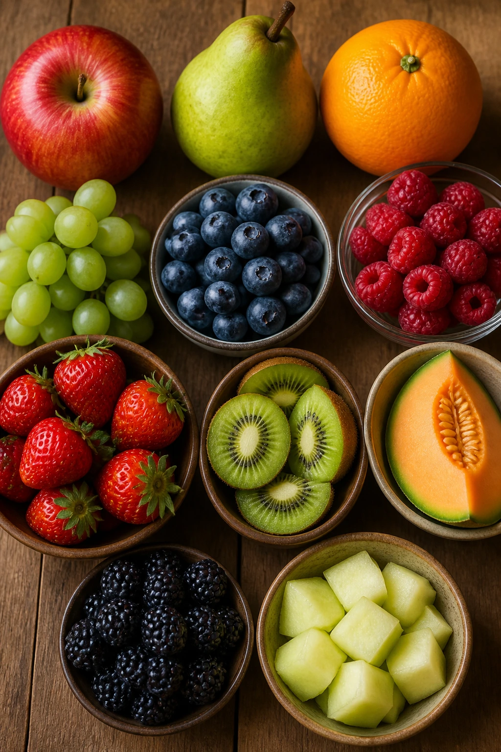 Still-life of ten low-fructose fruits arranged on wood
