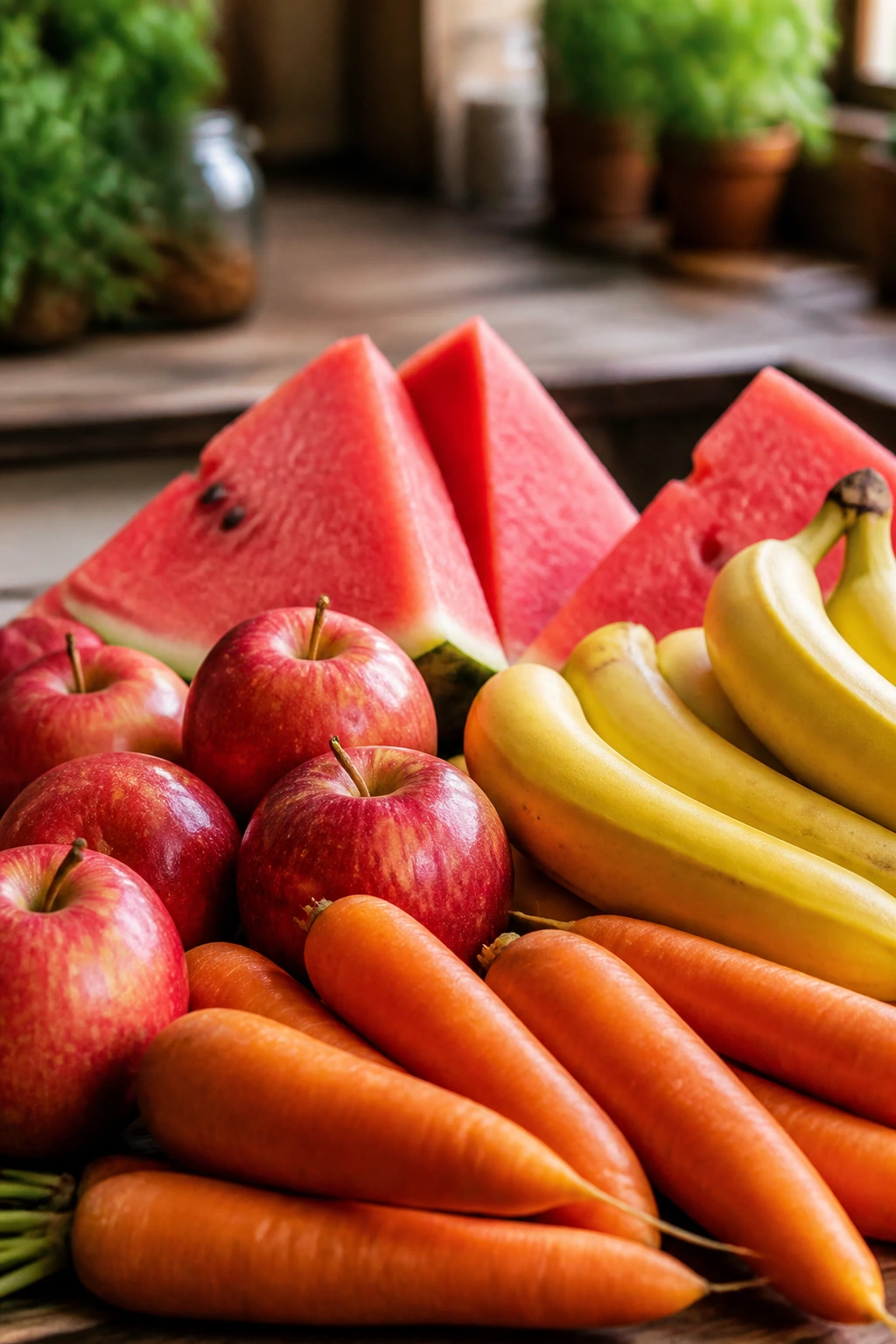 Can Horses Eat Strawberries? All You Need to Know 3 Assorted fruits and vegetables safe for horses on a kitchen counter