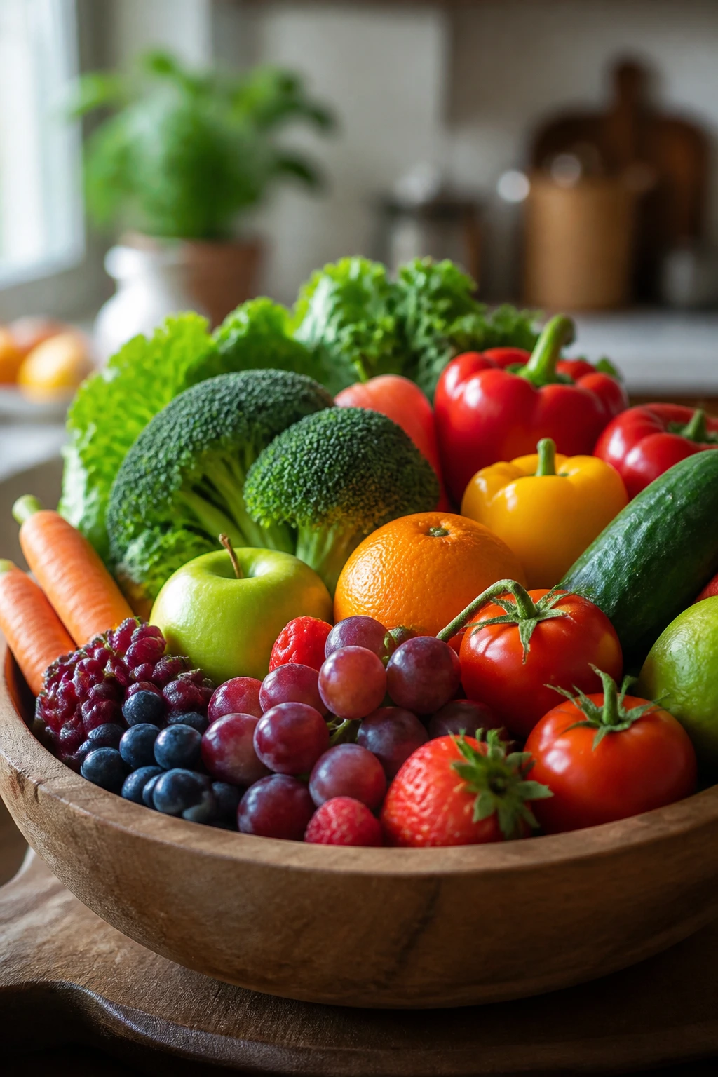 Bowl of mixed fruits and vegetables showcasing a healthy balance