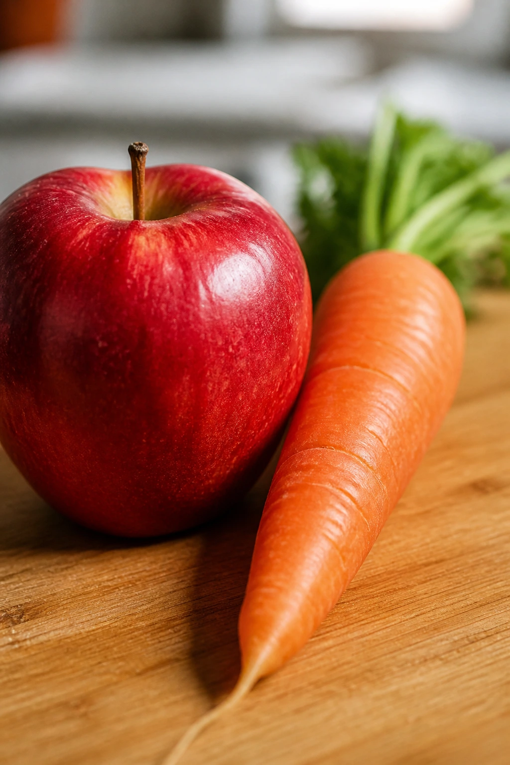 Close-up of apple and carrot on wooden counter showing differences between fruits and vegetables