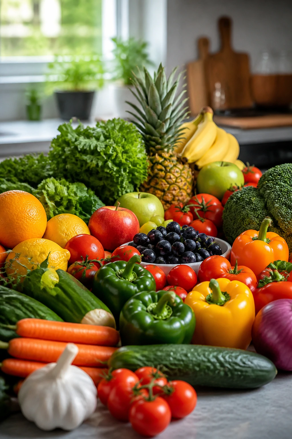Close up of colorful fruits and vegetables on a kitchen counter