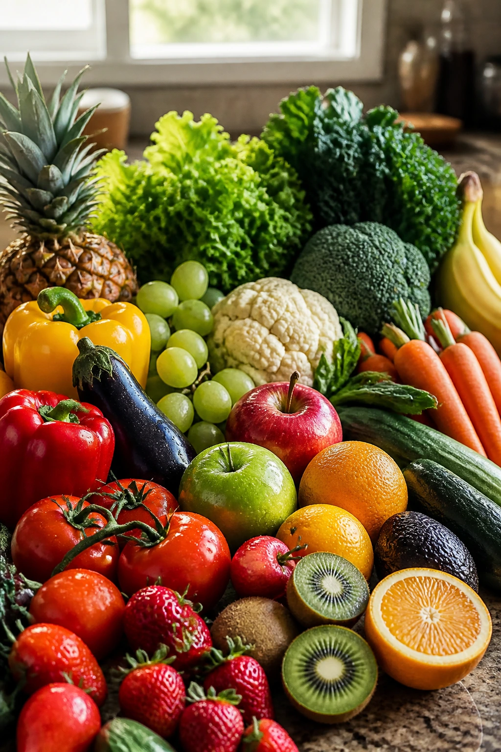 Close-up of a vibrant cluster of assorted fruits and vegetables filling the frame