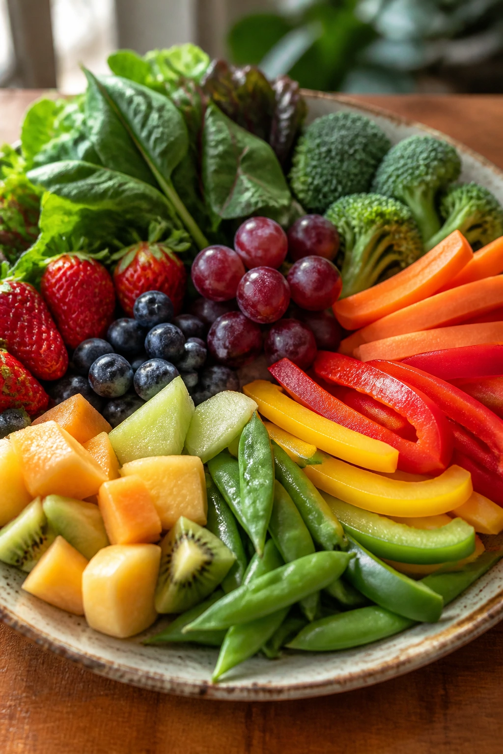 Close-up plate of colorful fruits and vegetables illustrating balanced daily intake and variety