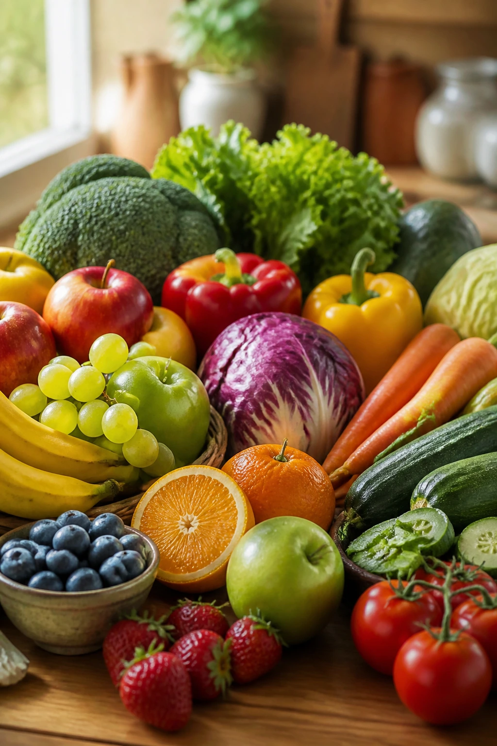 Close-up collage of colorful fruits and vegetables on a wooden kitchen surface